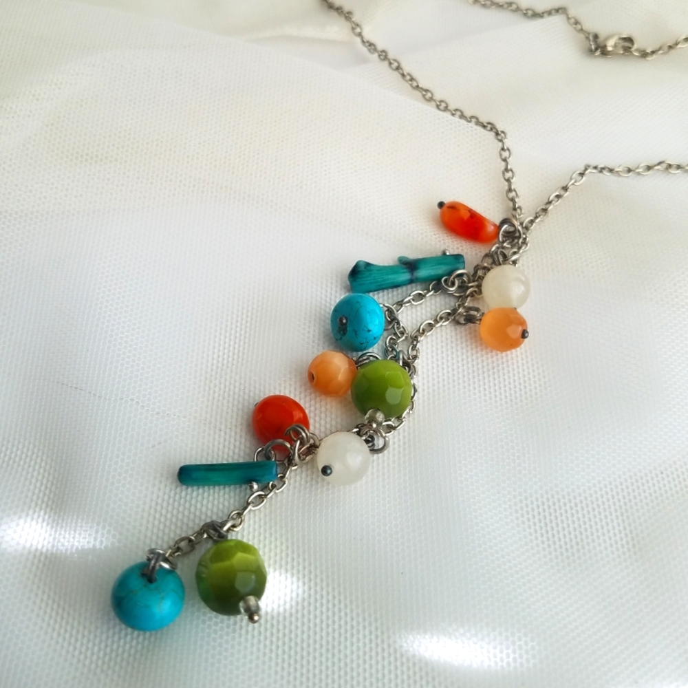 Genuine Gemstone Multicolor Turquoise, Coral, Cat Eye Y Necklace - Handmade NEW